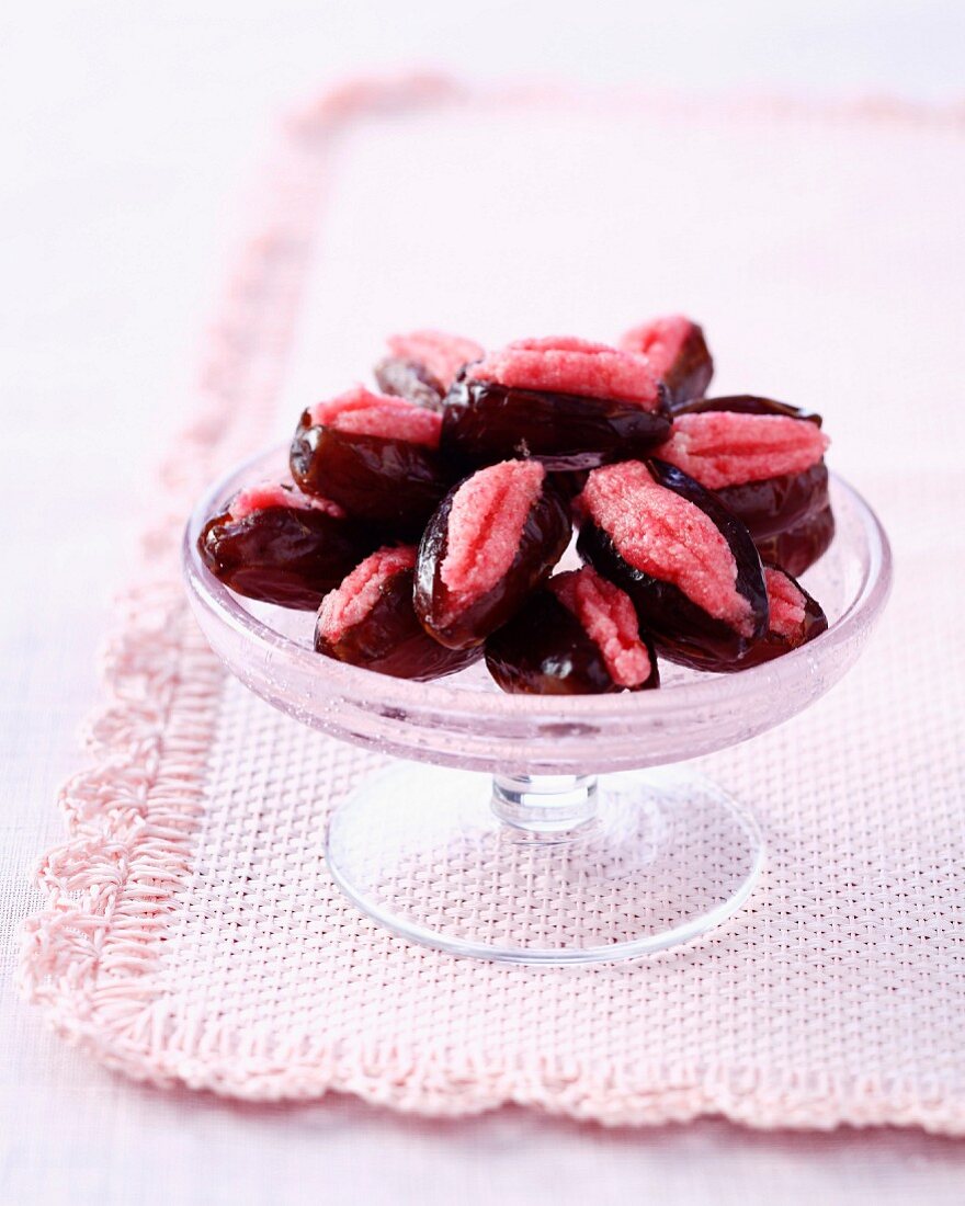 Homemade stuffed dates with almond paste