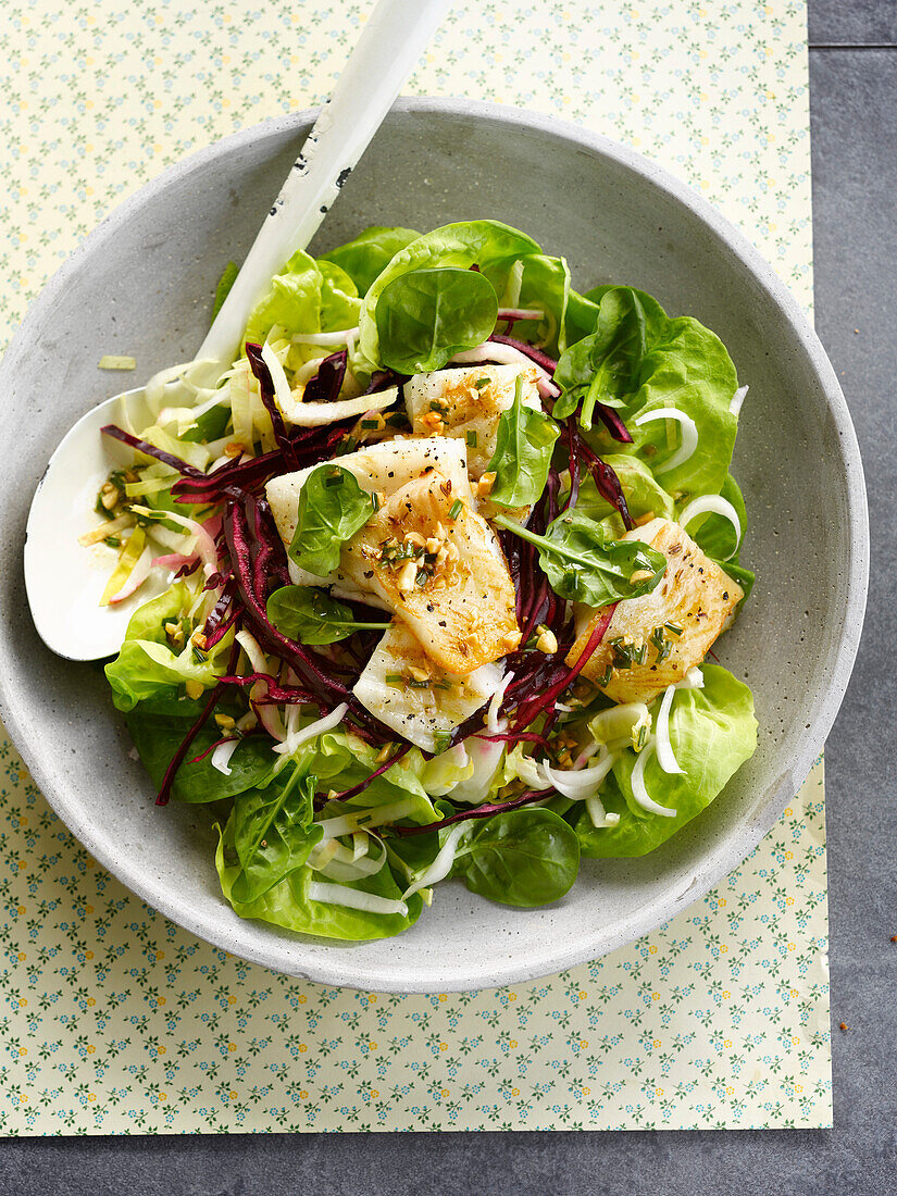 Halibut and green and red cabbage salad