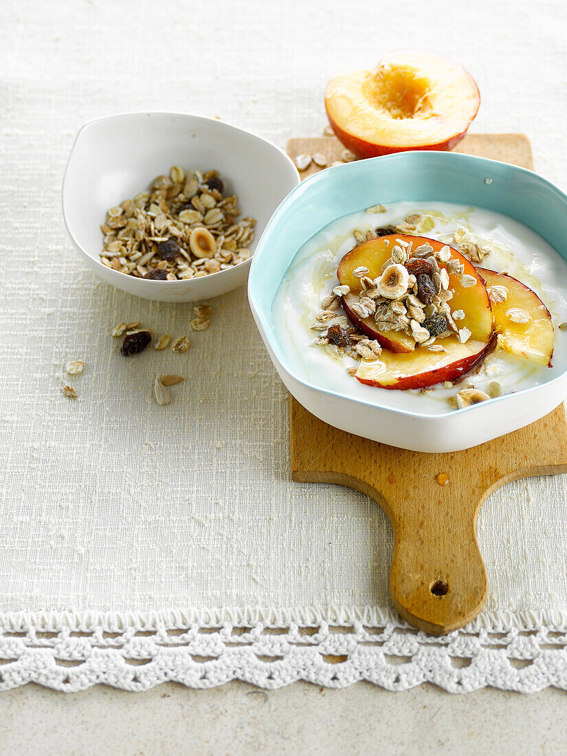 Yoghurt with nectarines,cereals and honey