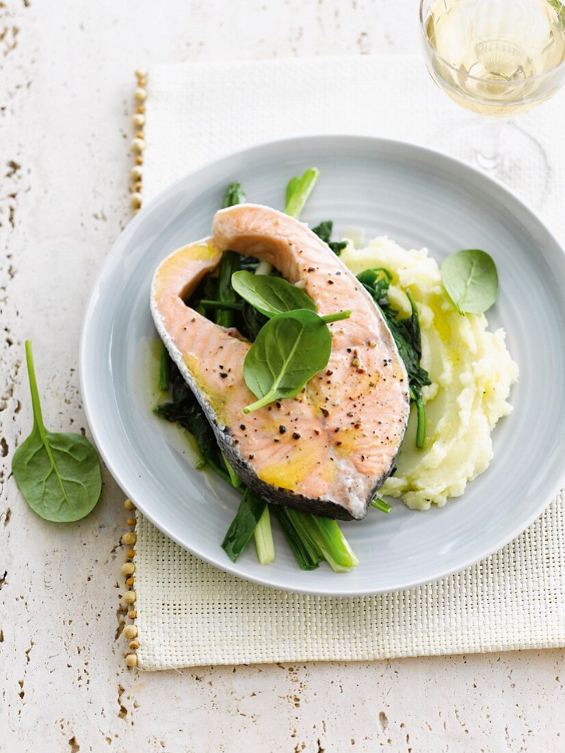 Salmon, mash and spinach