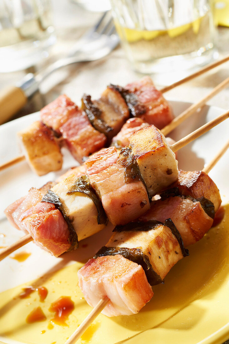 Tuna, farmhouse streaky bacon and breton kombu brochettes