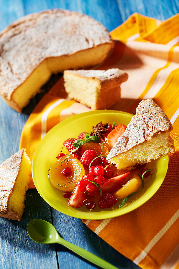 Pontarlier anis cake with fresh fruit salad