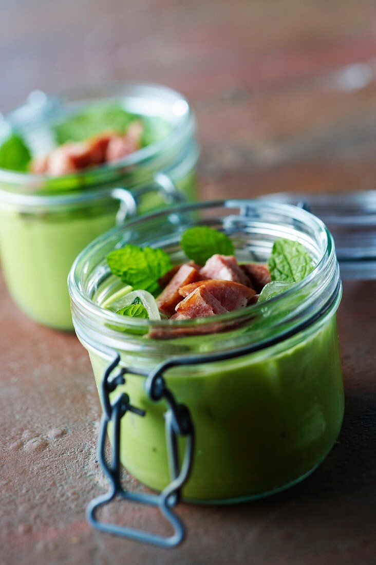 Chilled pea and mint soup with diced Morteau sausage