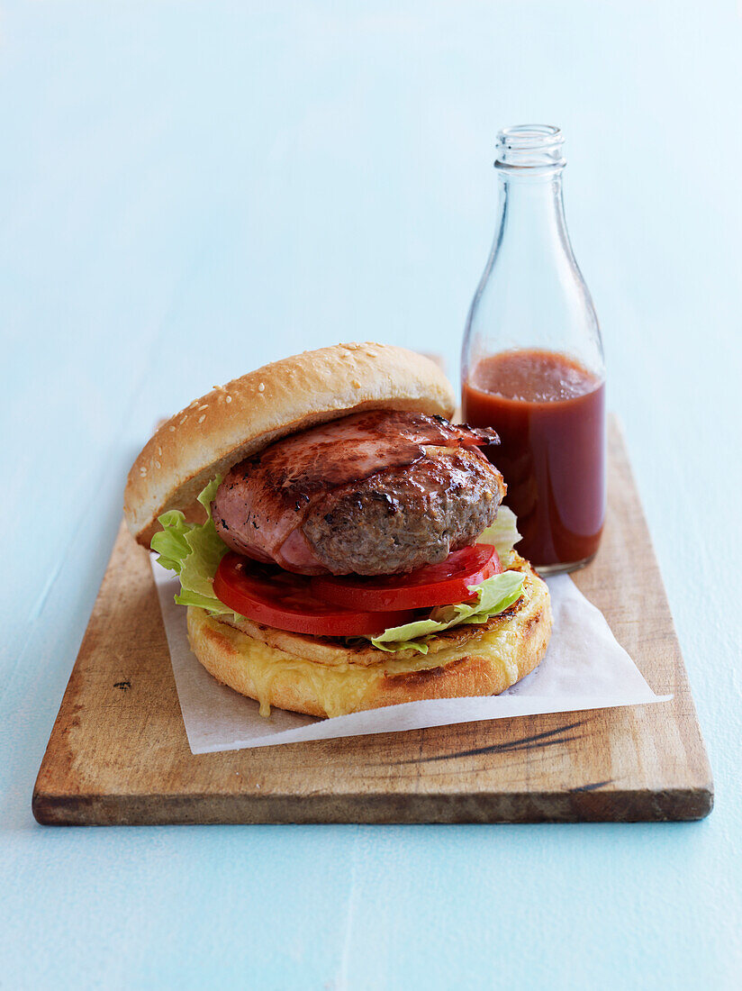 Hamburger with bacon and potato cake