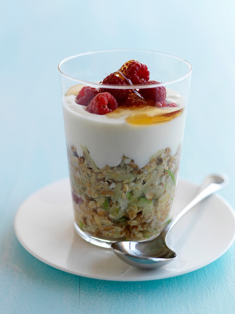 Haferflocken-Apfel-Salat mit Joghurt, Honig und Himbeeren