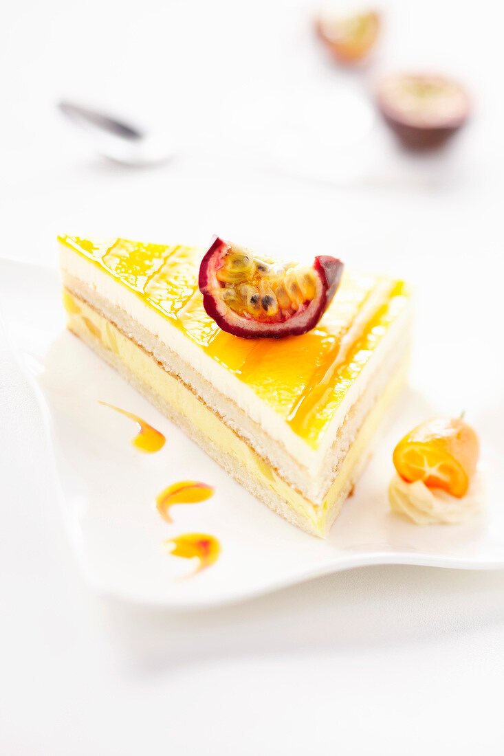 Portion of kumquat and passionfruit cake