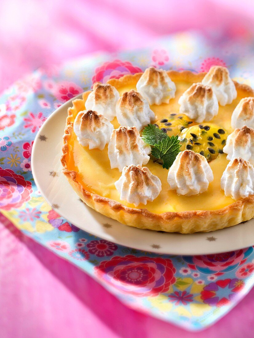 Lemon and passion fruit meringue pie