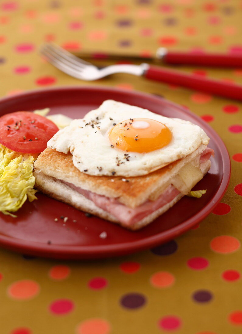 Ham and cheese toasted sandwich topped with an egg