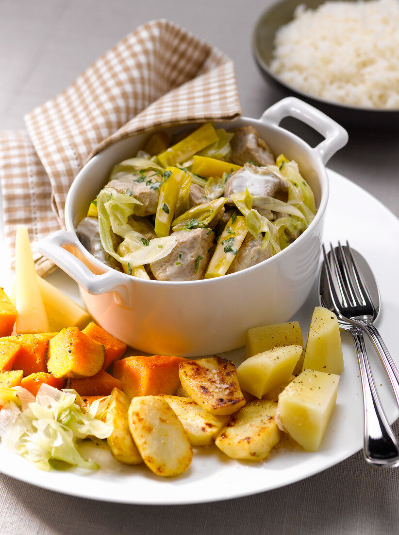 Veal and leek Blanquette with old-fashioned grilled vegetables