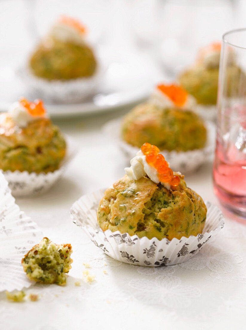 Herb mini cupcakes topped with trout roe and cream