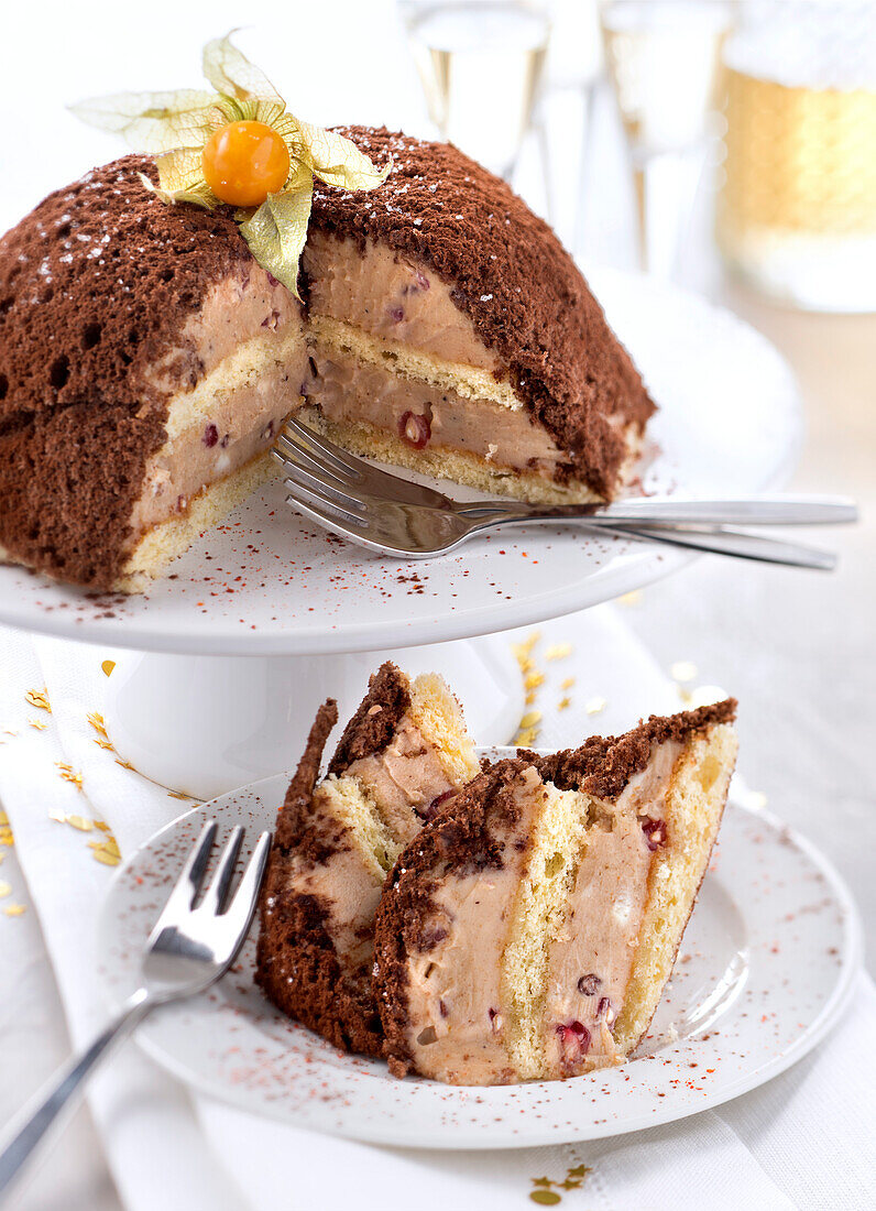 Chestnut cream and pomegranate seed dome cake