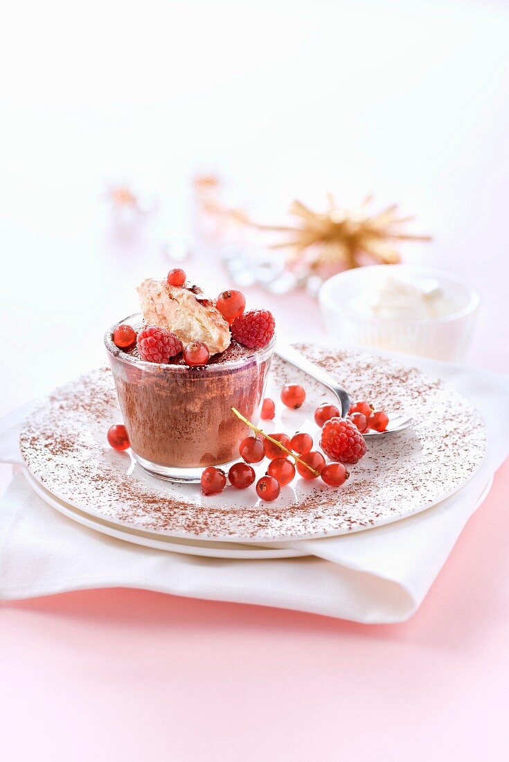Chocolate fondante with mascarpone cream, summer fruit and cherry syrup