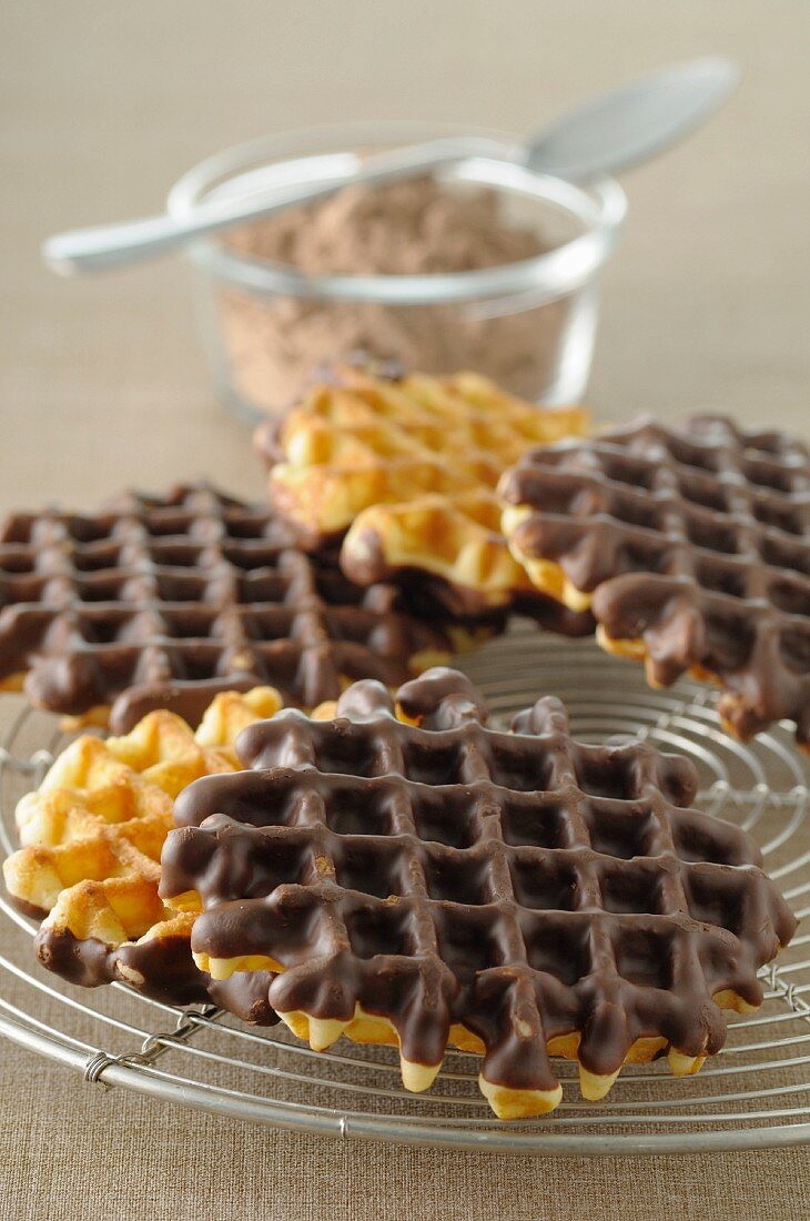 Waffles coated in chocolate on one side