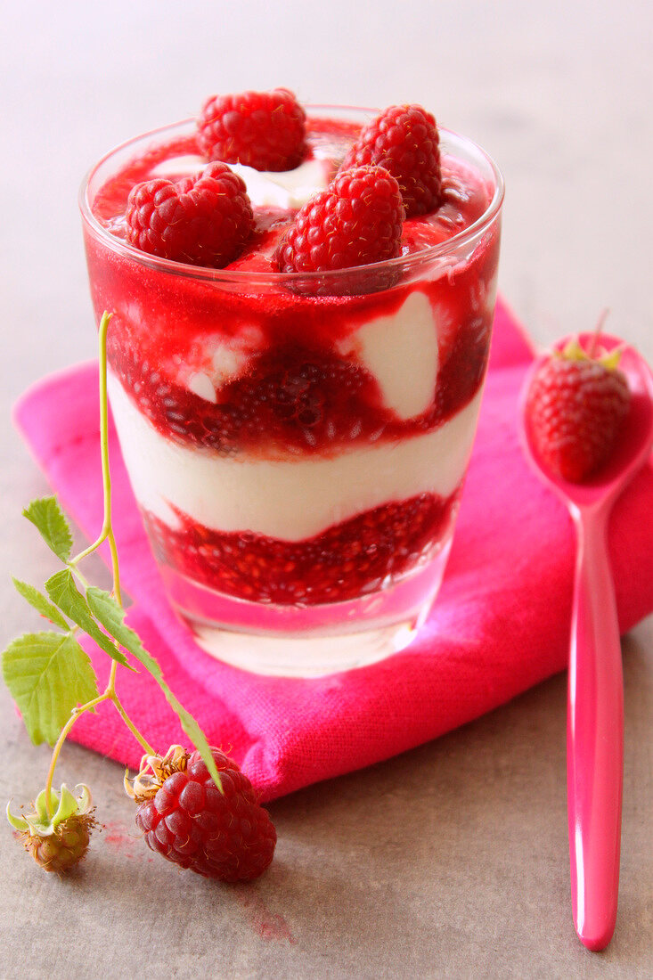 Cremespeise mit Himbeeren im Glas serviert