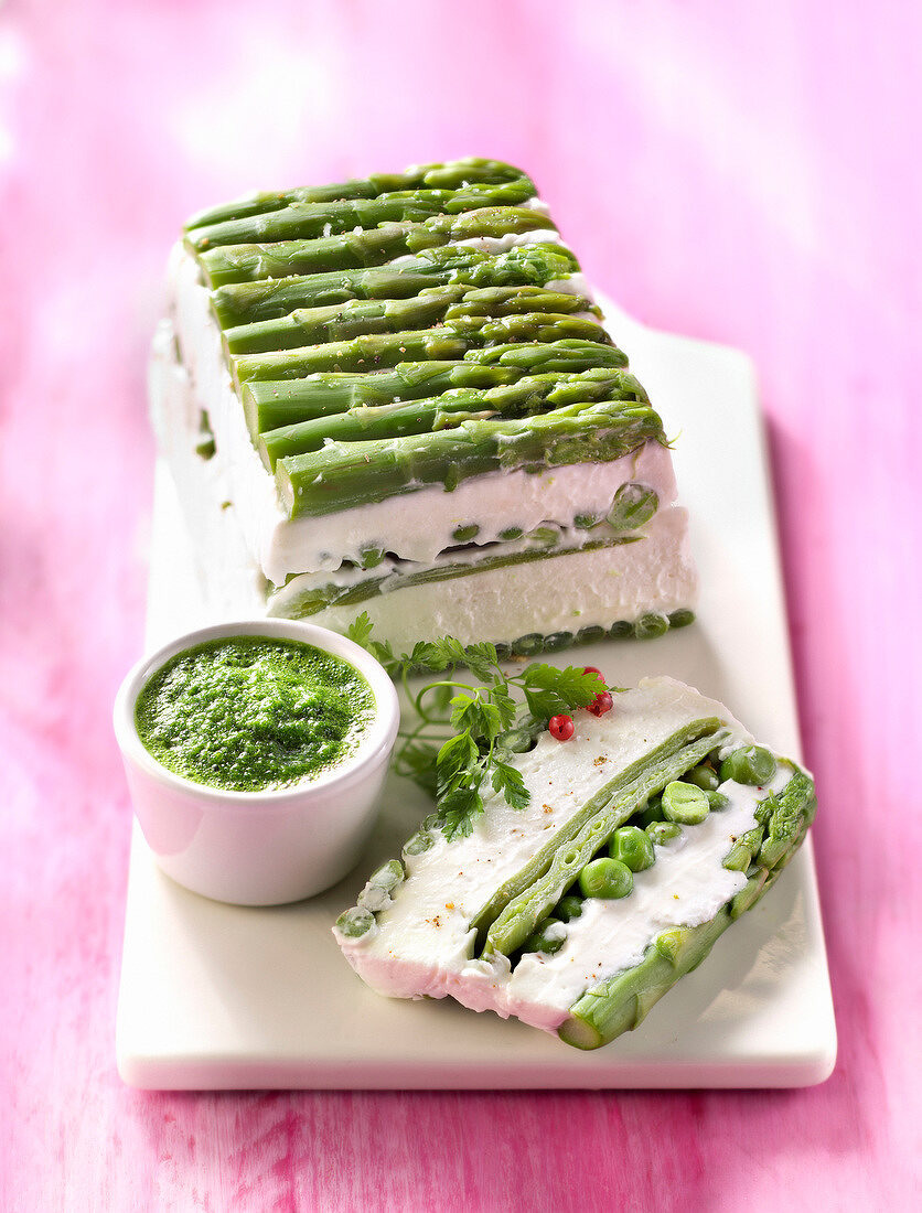 Fromage frais and green vegetable terrine with dandelion puree