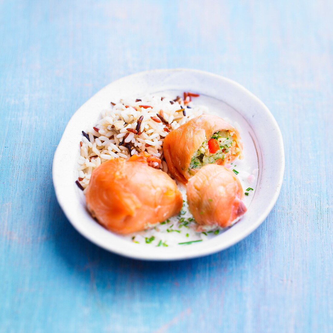 Smoked salmon and cod Paupiettes with rice