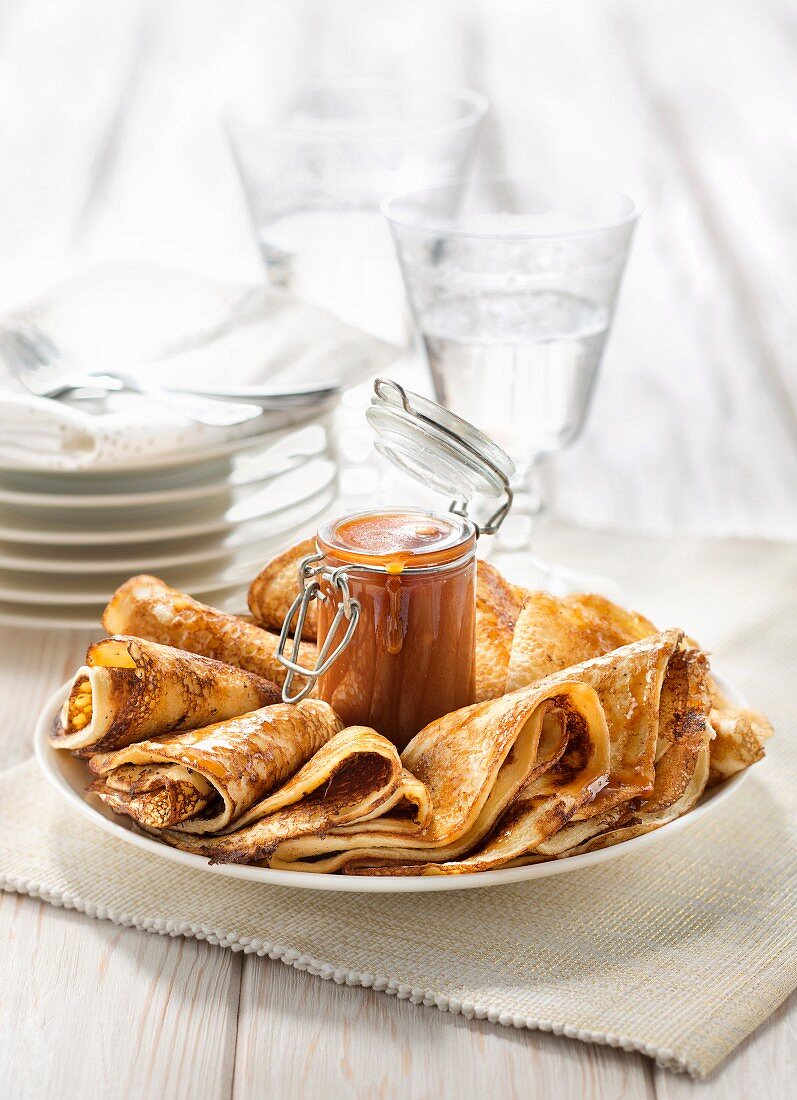 Crêpes soufflées with salted butter toffee sauce