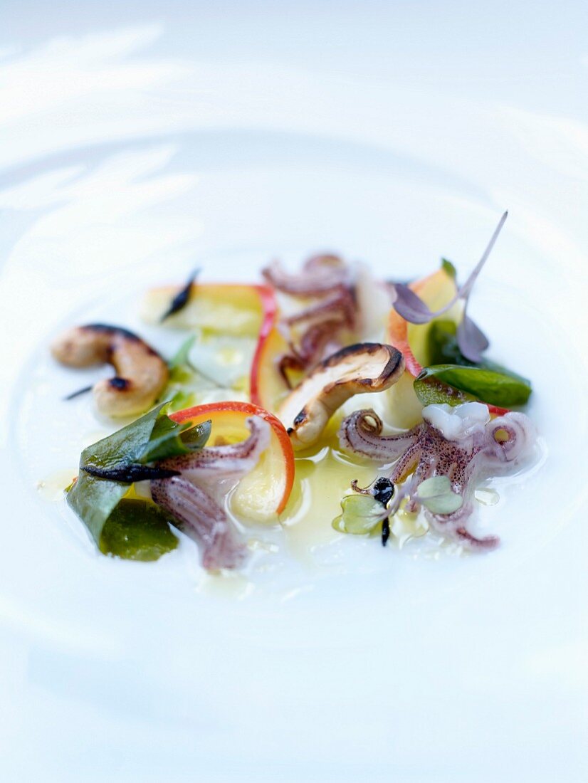 Salat mit Tintenfisch, Cashewnüssen, Wakame- und Hijiki-Algen