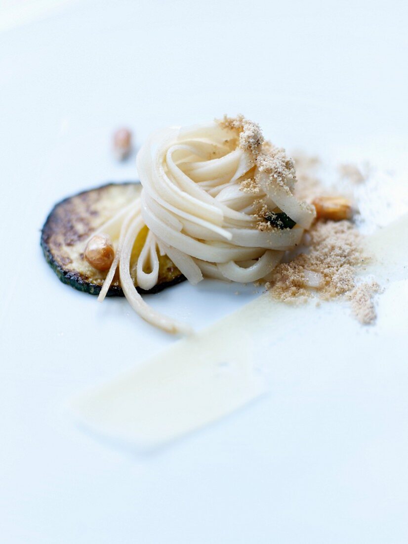 Fettucine with palm hearts and zucchinis, butter,sage and ground popcorn