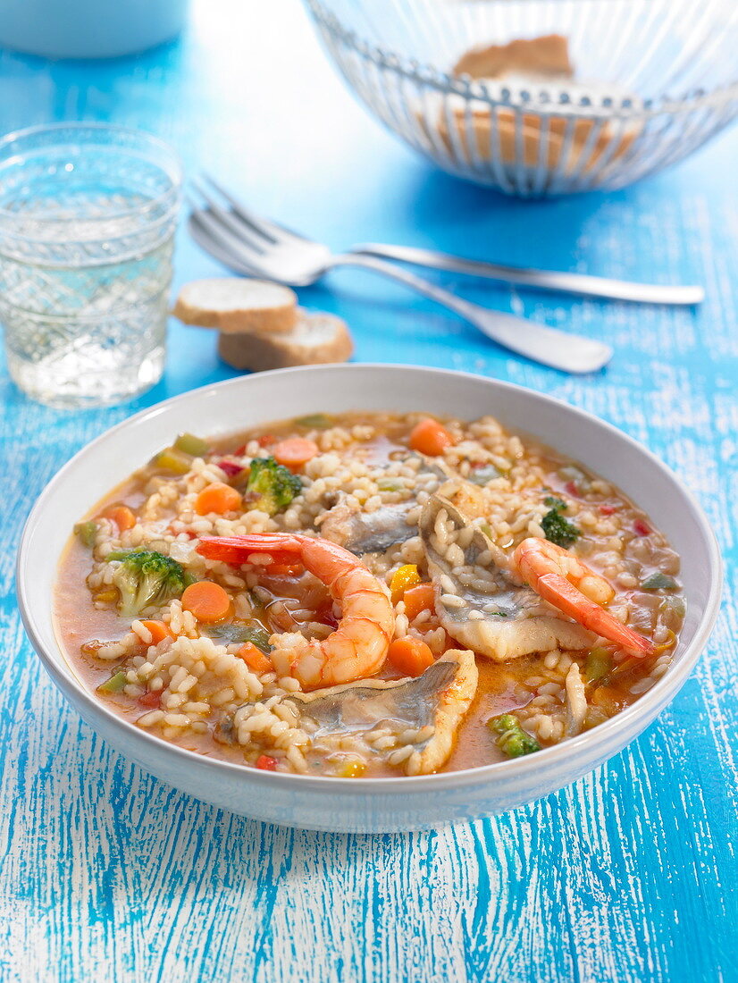 Moustelle de roche and shrimp risotto