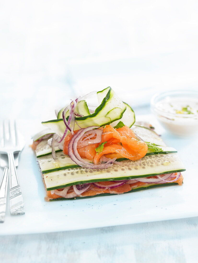 Cucumber and smoked salmon Mille-feuille