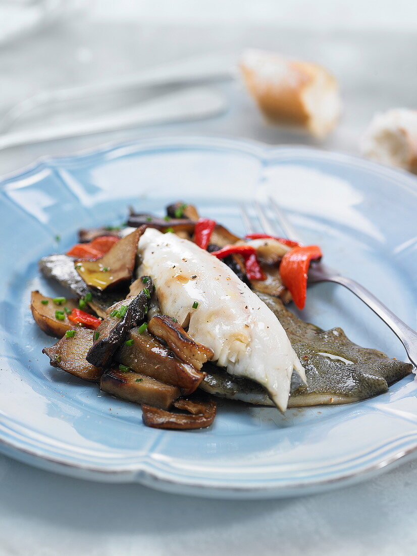 Turbot with mushrooms and peppers