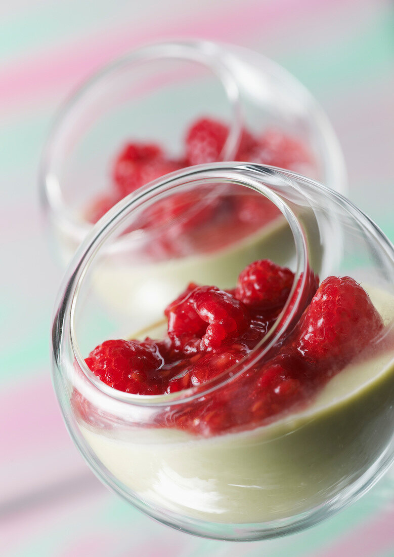 Matcha green tea custard cream with stewed raspberries