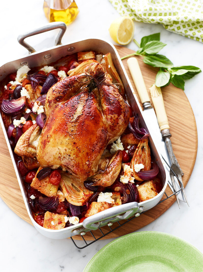 Roasted chicken with red and white onions