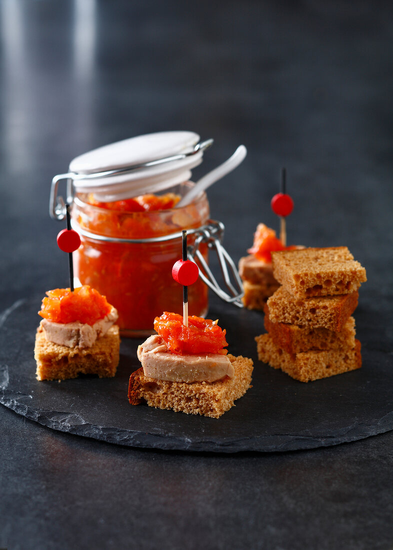 Gingerbread, foie gras and tomato chutney appetizers