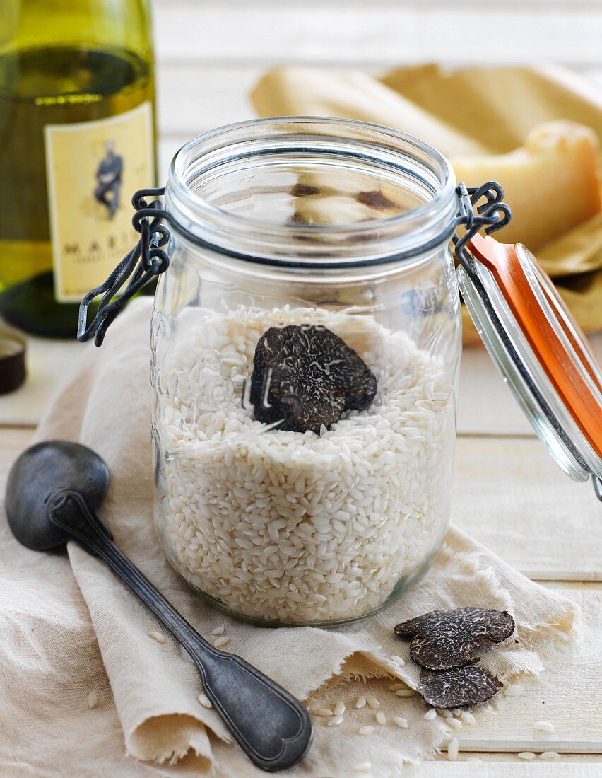 Black truffle in a jar of rice for risotto