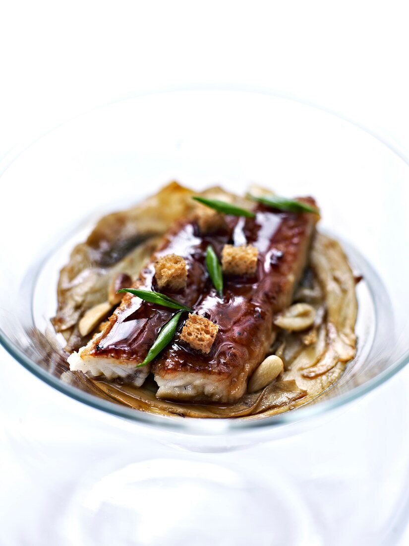 Smoked eel glazed with soya honey, cereal tabbouleh