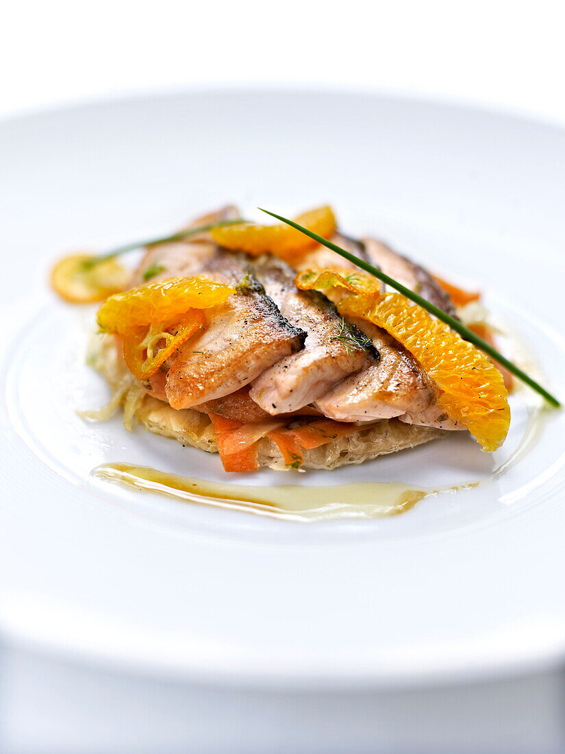 Fennel,carrot and salmon cooked on one side thin tart