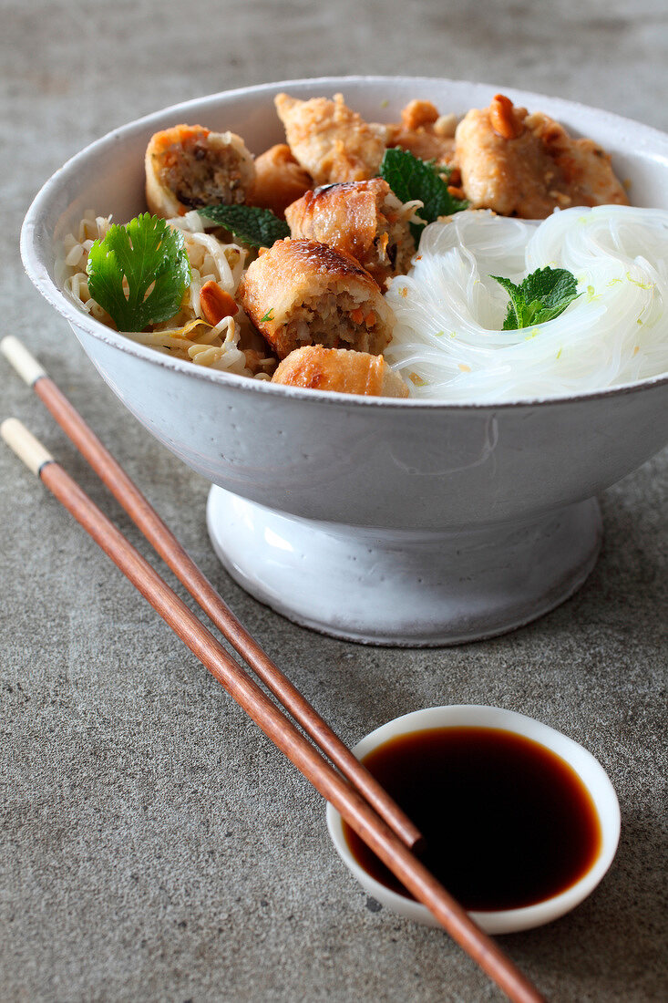 Bo Bun (vietnamesische Reisnudeln) mit Sojasprossen und Nems mit Kokoshähnchen