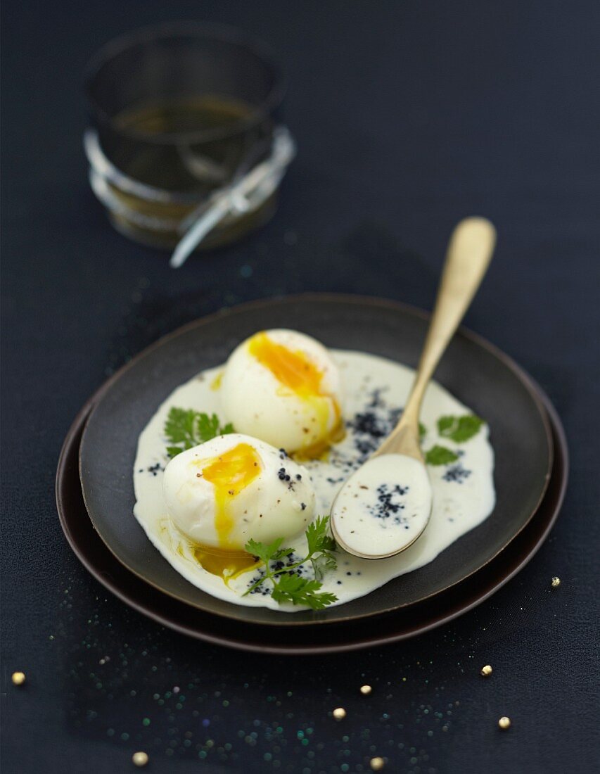 Soft-boiled egg in caviar cream