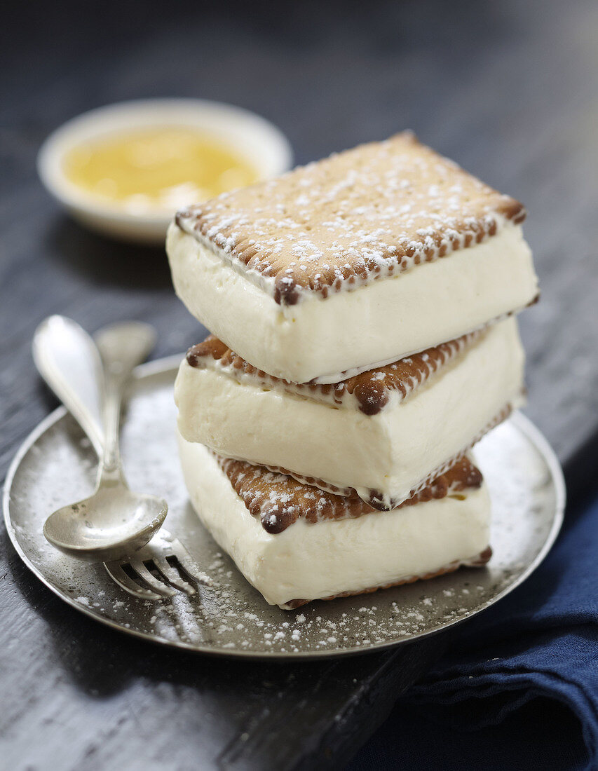 Rich tea biscuit and lemon iced cream sandwiches