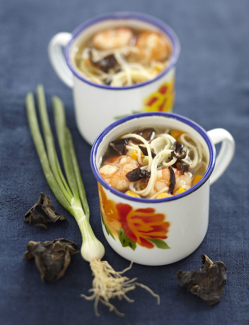 Shrimp,noodle and black mushroom soup from China