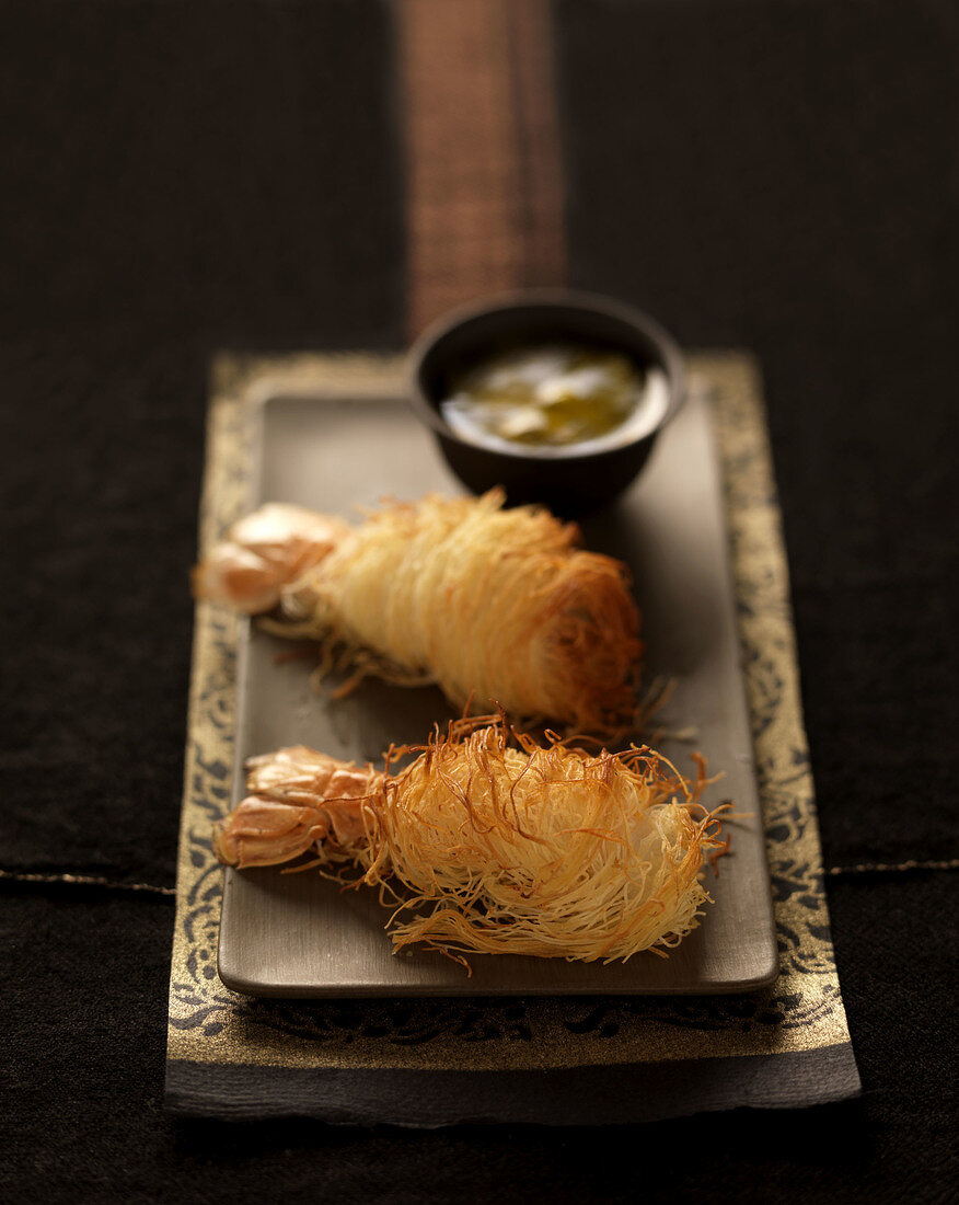 Fried Dublin Bay prawns coated in kadaïf