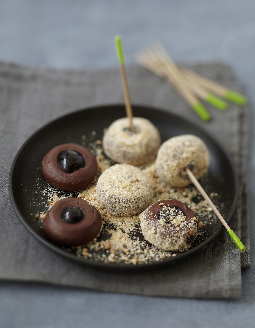 Cherry and chocolate truffles coated in crushed rich tea biscuits