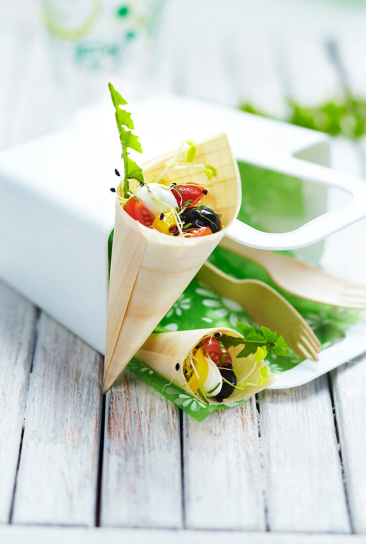 Multicolored mixed salad cones