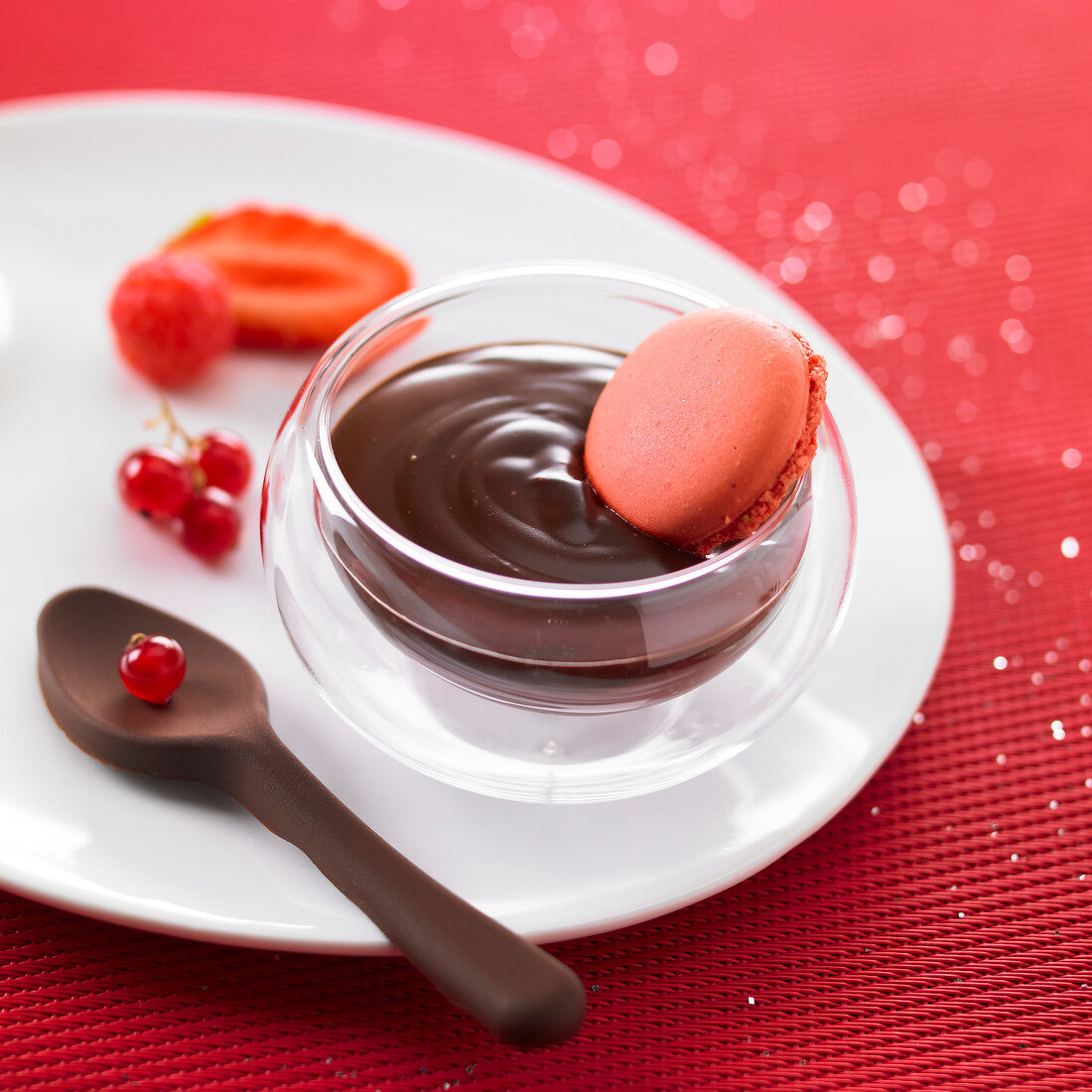 Chocolate cream dessert with raspberry macaroons