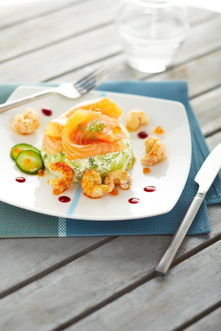 Fromage frais and cucumber dome with seafood