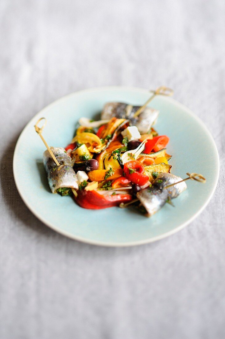 Grilled vegetable salad with sardines