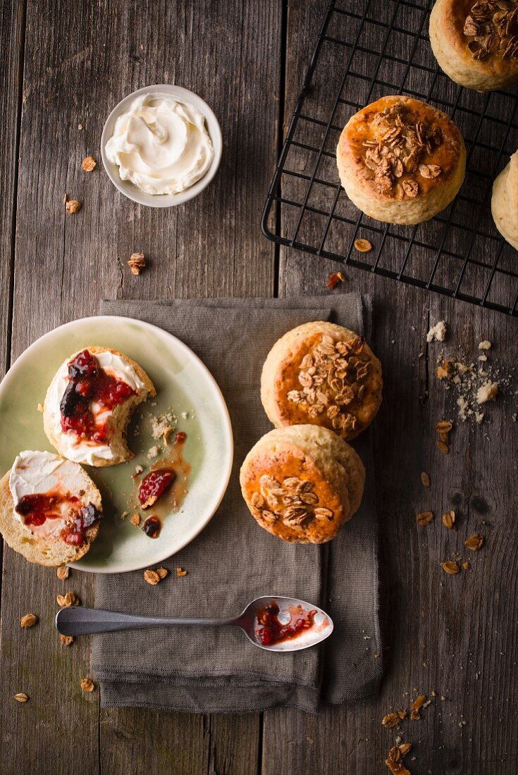 Granola scones with rasberry jam and cream