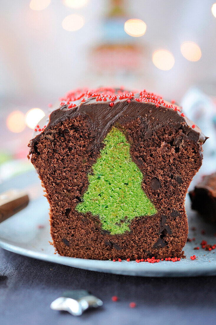 Surprise chocolate cake with a green tea Christmas tree center