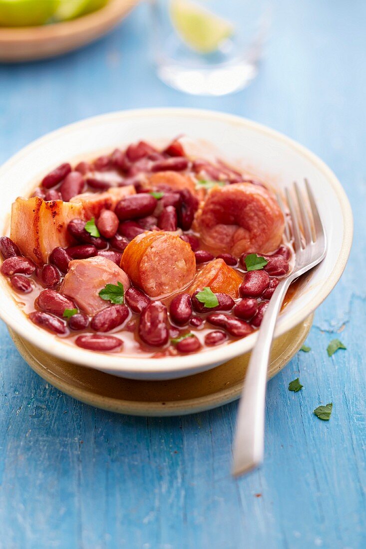 Feijoada-Eintopf mit roten Bohnen, Schweinefleisch und Würstchen