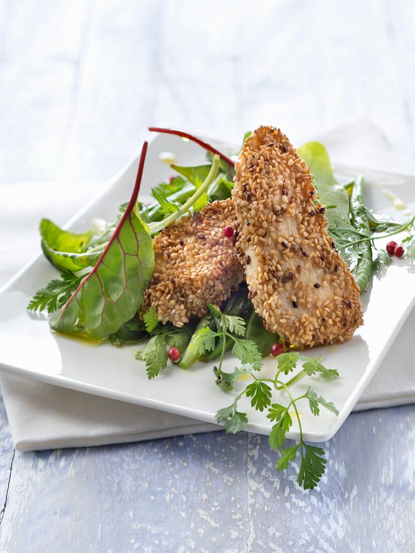 Salat mit Bohnen, Sprossen und Hähnchen mit Sesamkruste