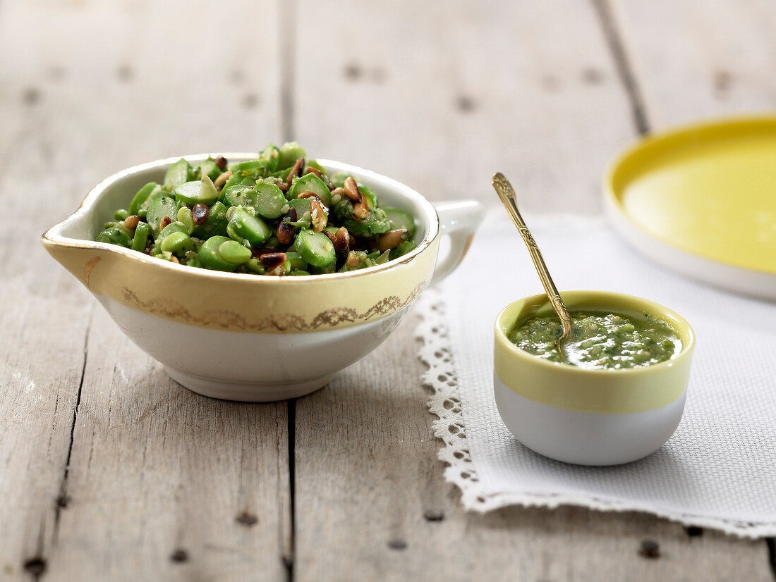 Broad bean and green asparagus tartare with grilled pine nuts and pesto sauce