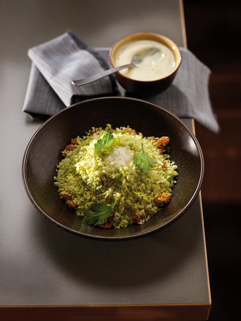 Cabbage and raisin tabbouleh with shallot and flat parsley sauce