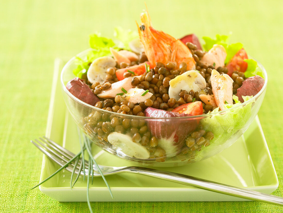 Lentil, mushroom and shrimp salad