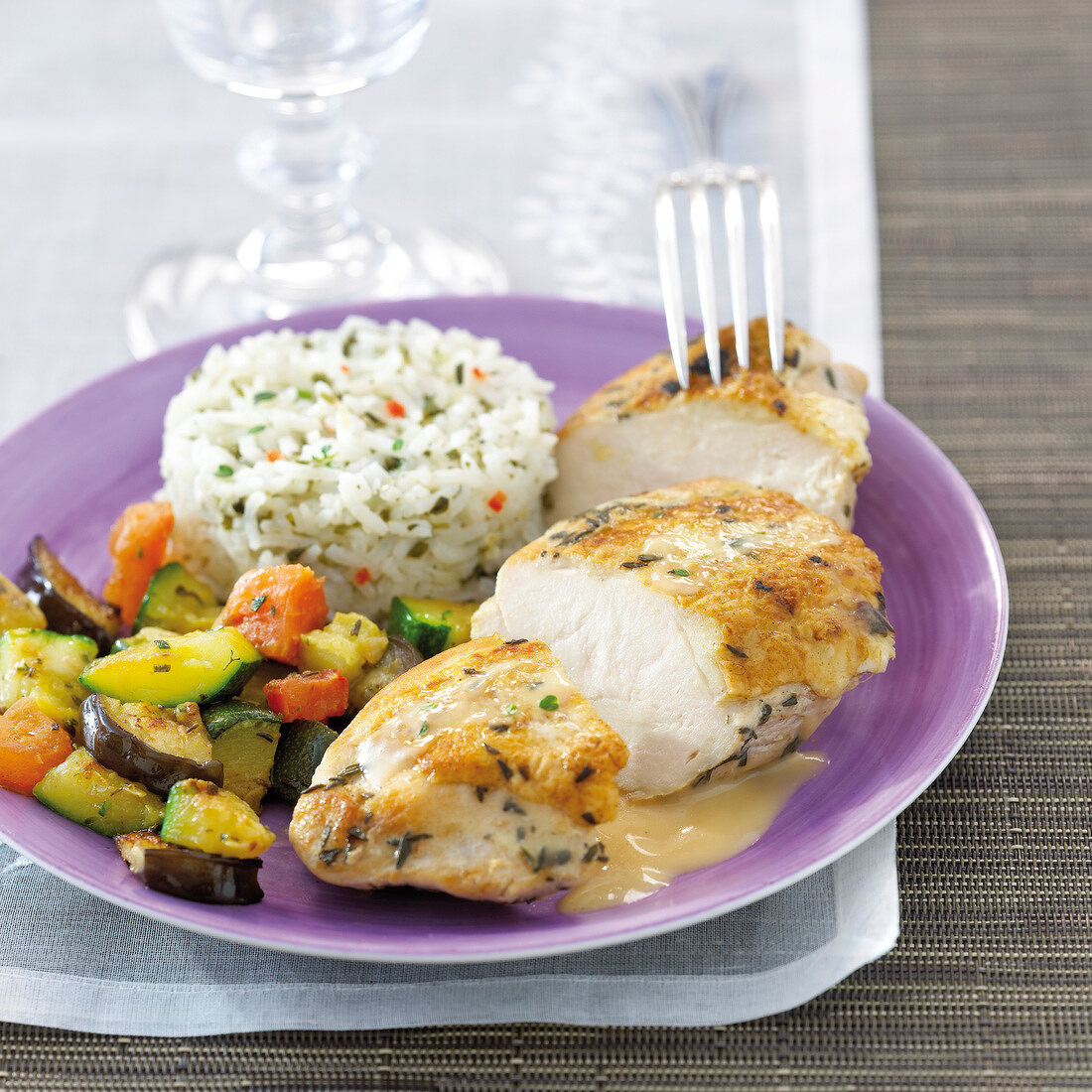 Roasted chicken breast with thyme,ratatouille and white rice with herbs